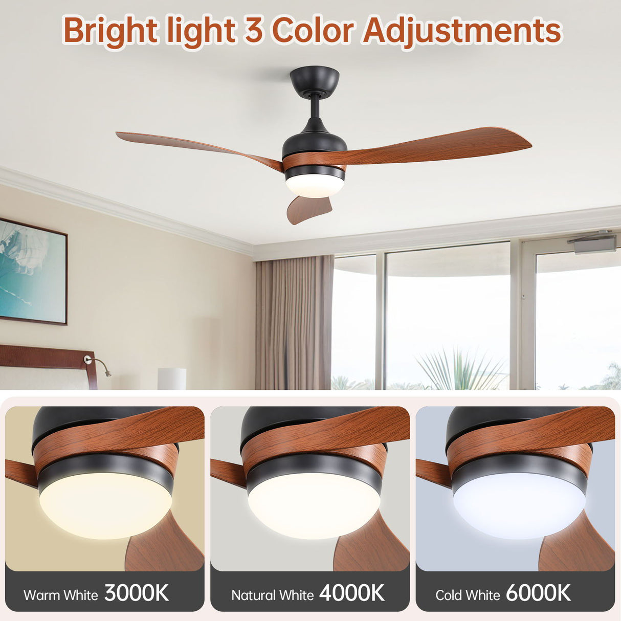 Ceiling Fan With 3 Blades, Remote Control, Reversible DC Motor, Noiseless Operation, 3 Downrods