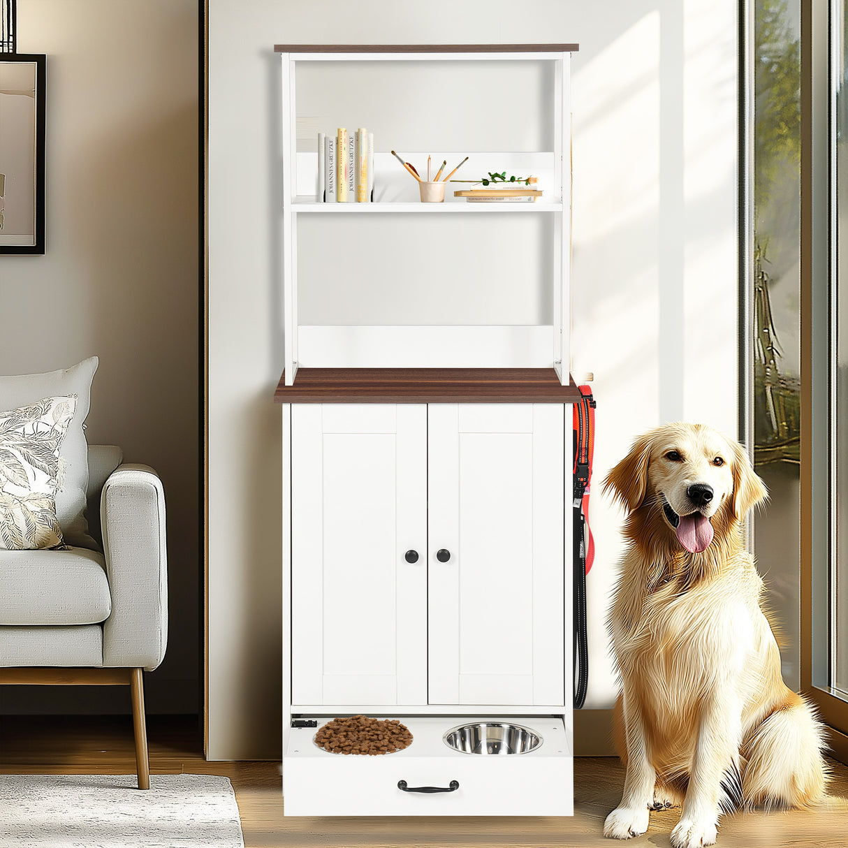 Pet Feeding Station with Bowls, White