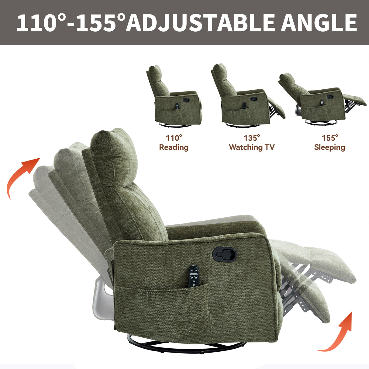 Green Heat Massage Manual Recliner Chair with Rocker and Swivel