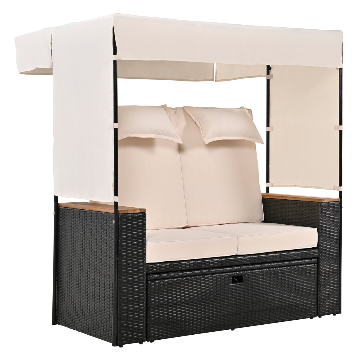 Bethany Two-Person Outdoor Rattan Daybed with Adjustable Canopy and Hidden Storage