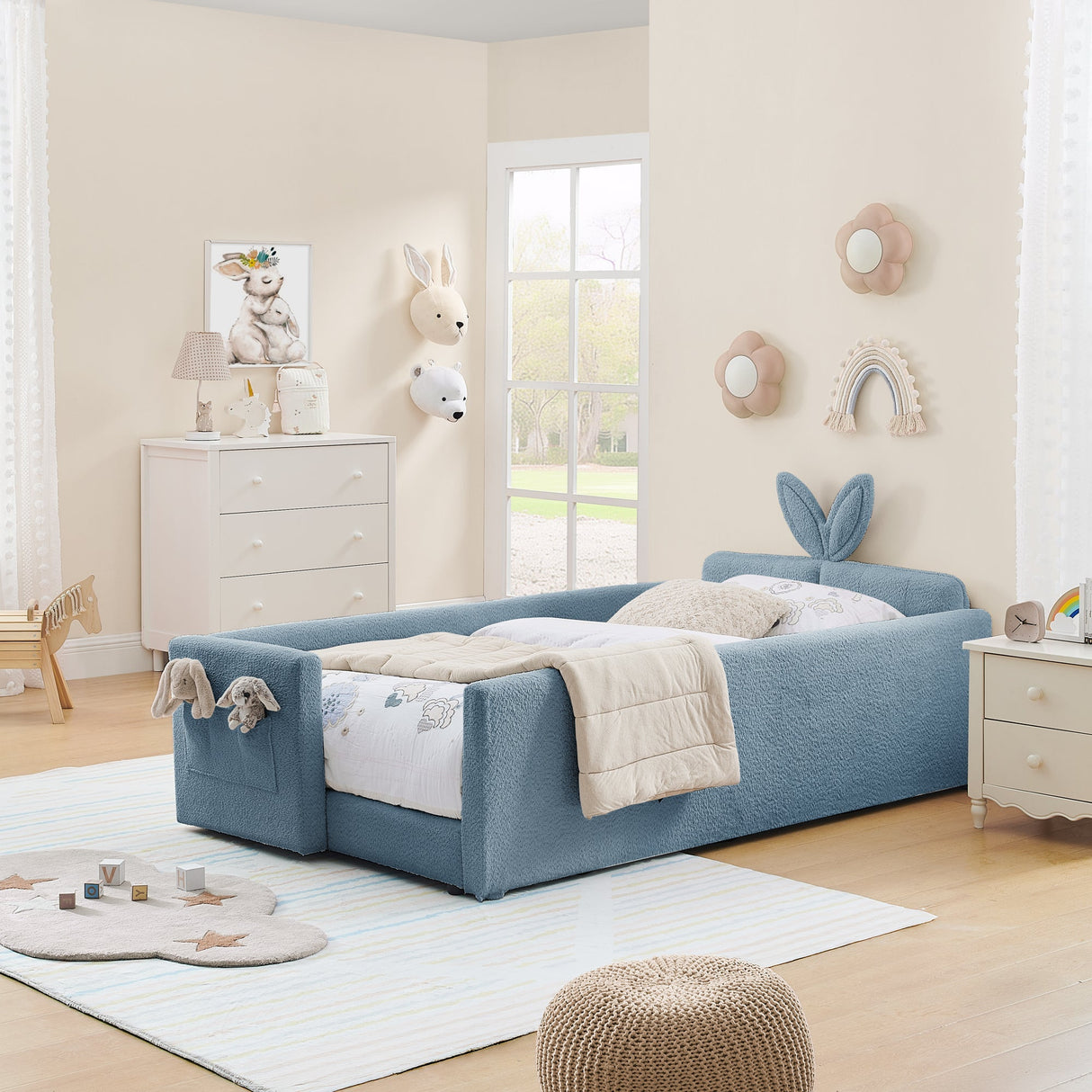 Twin Size Upholstered Platform Bed with Cute Rabbit Ear Shaped Headboard, with Safety Rail and Pocket, Boucle Fabric
