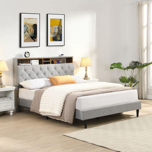 Modern Upholstered Platform Bed Frame With Button Tufted Headboard And USB Ports
