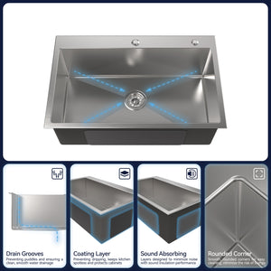 Stainless Steel Kitchen Sink, 30″x19″ Single Bowl, Overmount, Brushed Nickel