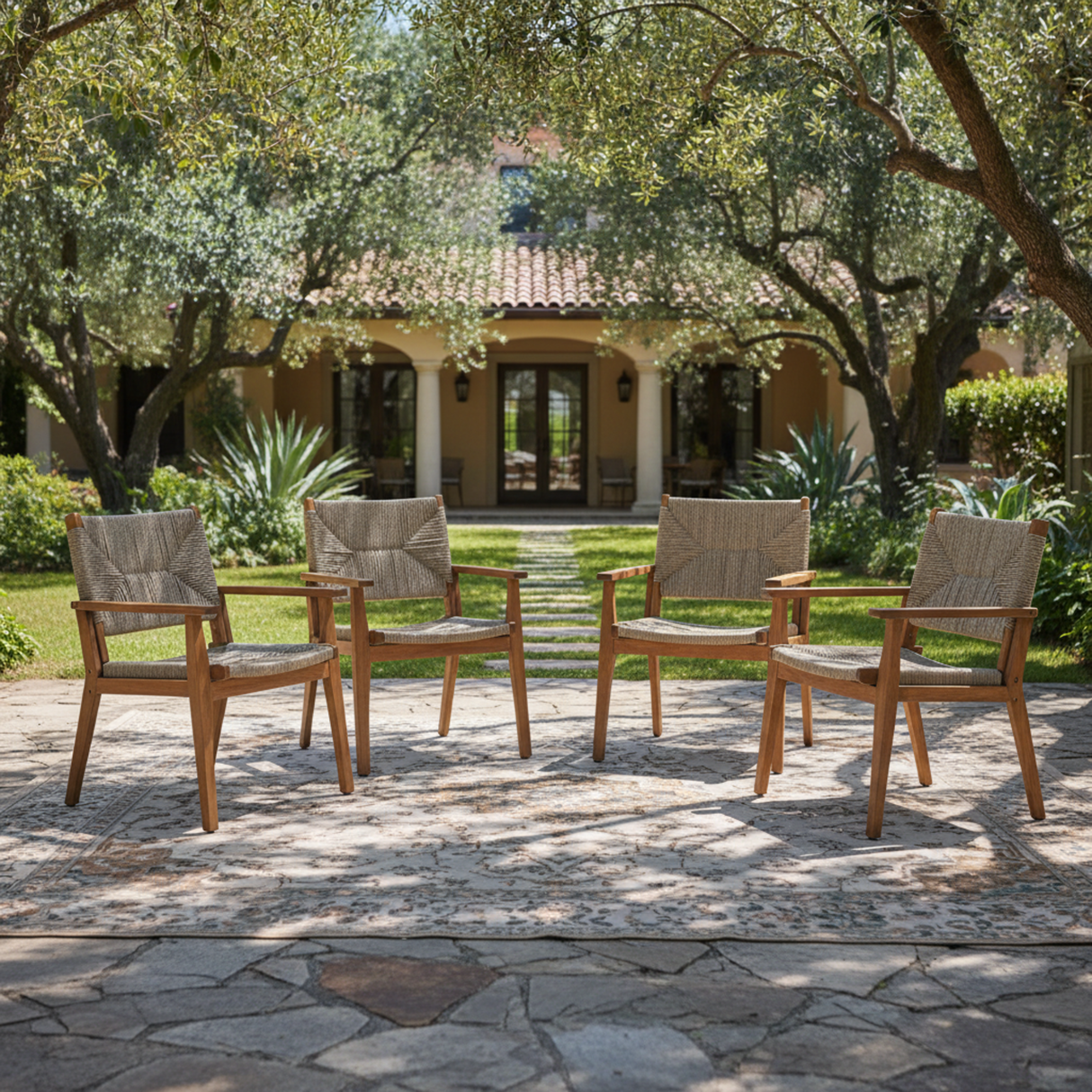 Durable Outdoor Dining Chair with Acacia Wood Frame, Handwoven Wicker Seat, Brown Finish, Patio Garden Furniture, (Compatible with Matching Table) Set of 2