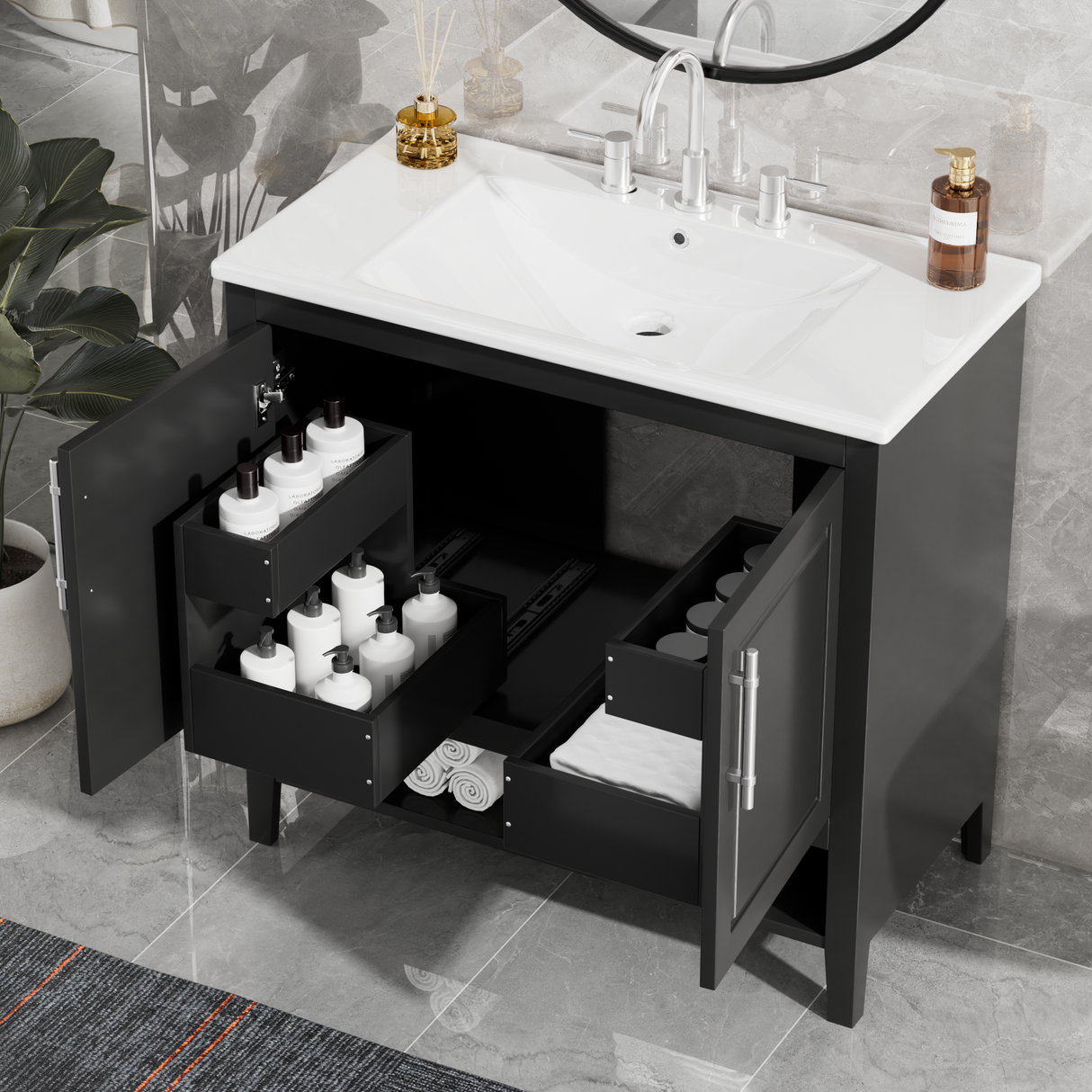 36" Black Freestanding Bathroom Vanity with Ceramic Sink and Dual Drawers