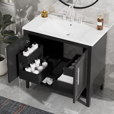 36" Black Freestanding Bathroom Vanity with Ceramic Sink and Dual Drawers
