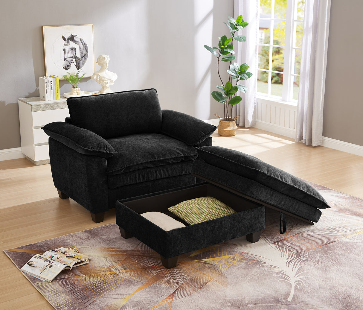 51' Oversize Chaise Lounge Chair with Ottoman and Storage  Upholstered Soft Chenille Black
