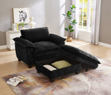 51' Oversize Chaise Lounge Chair with Ottoman and Storage  Upholstered Soft Chenille Black
