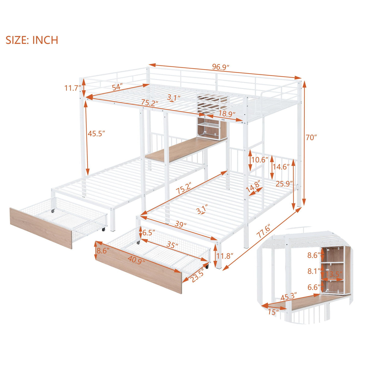 Triple Bunk Bed With Drawers, Multi-Functional Frame With Desks And Shelves In The Middle