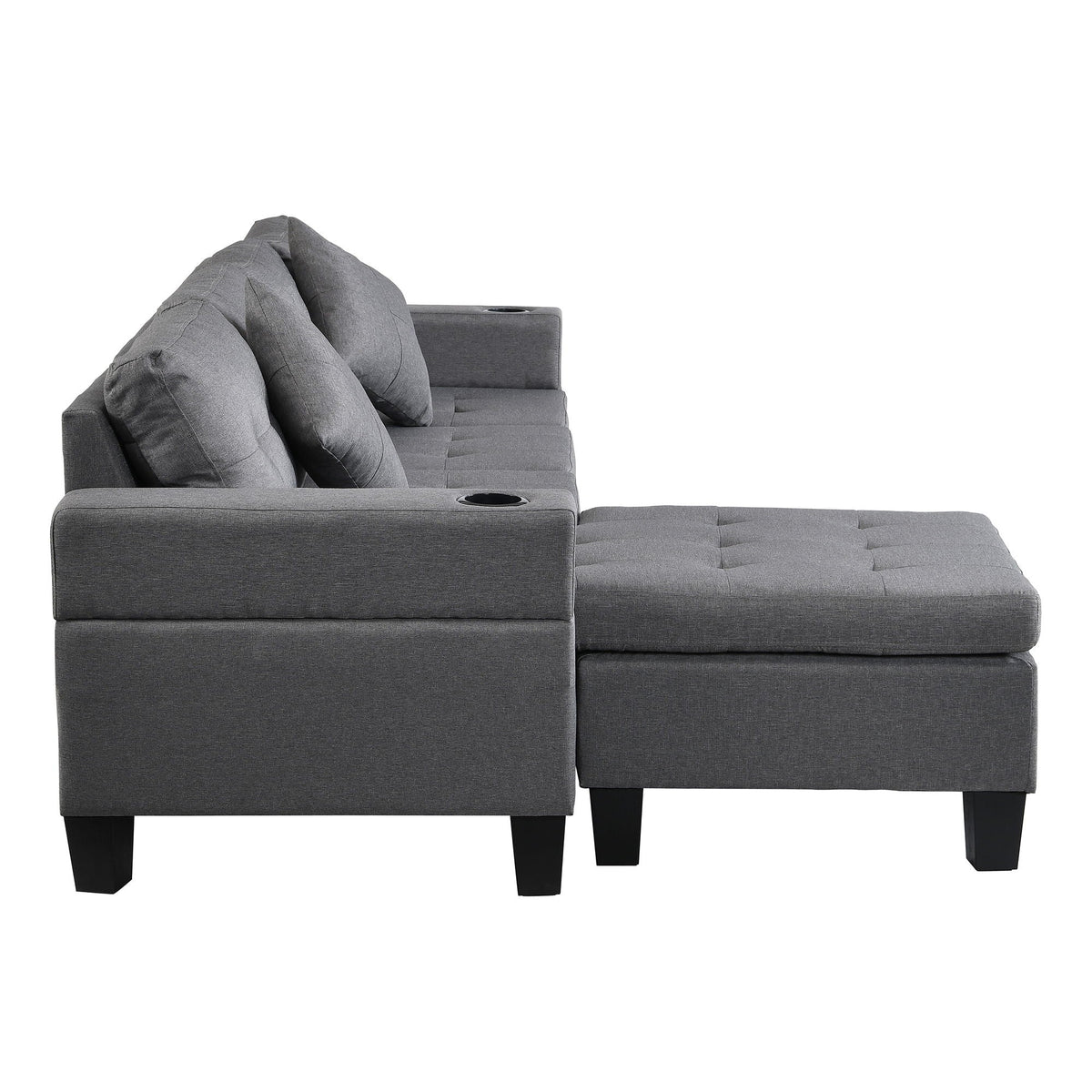 Modern Sectional Sofa Set With L Shape Chaise Lounge, Cup Holder, 4 Seat - Gray