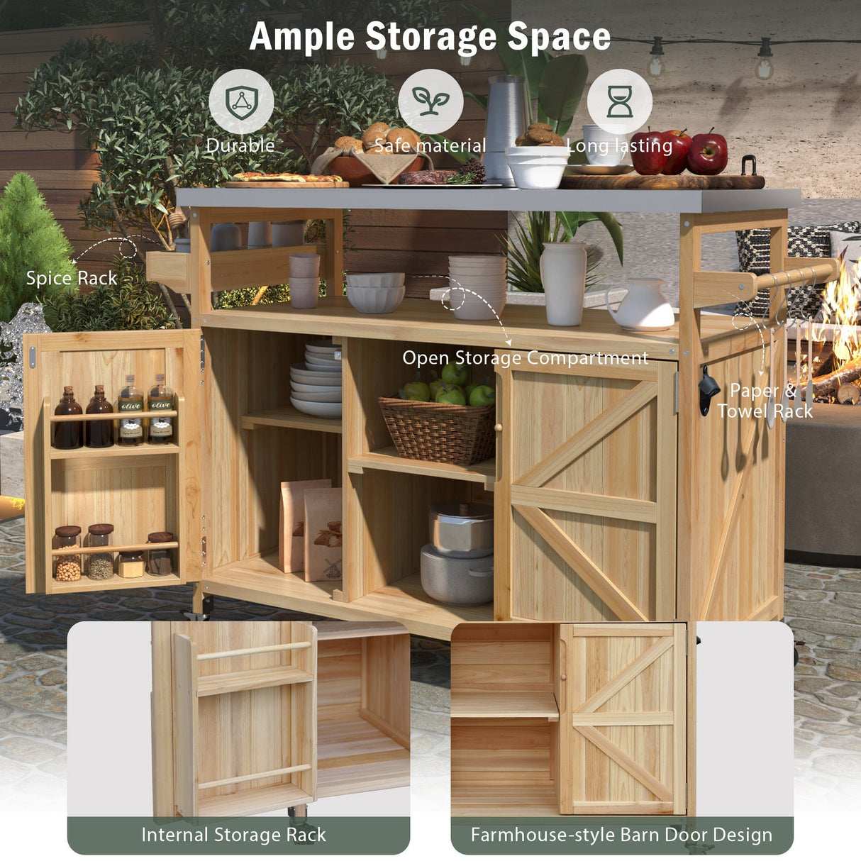 K&K Outdoor Kitchen Island, Rolling Bar Cart & Storage Cabinet