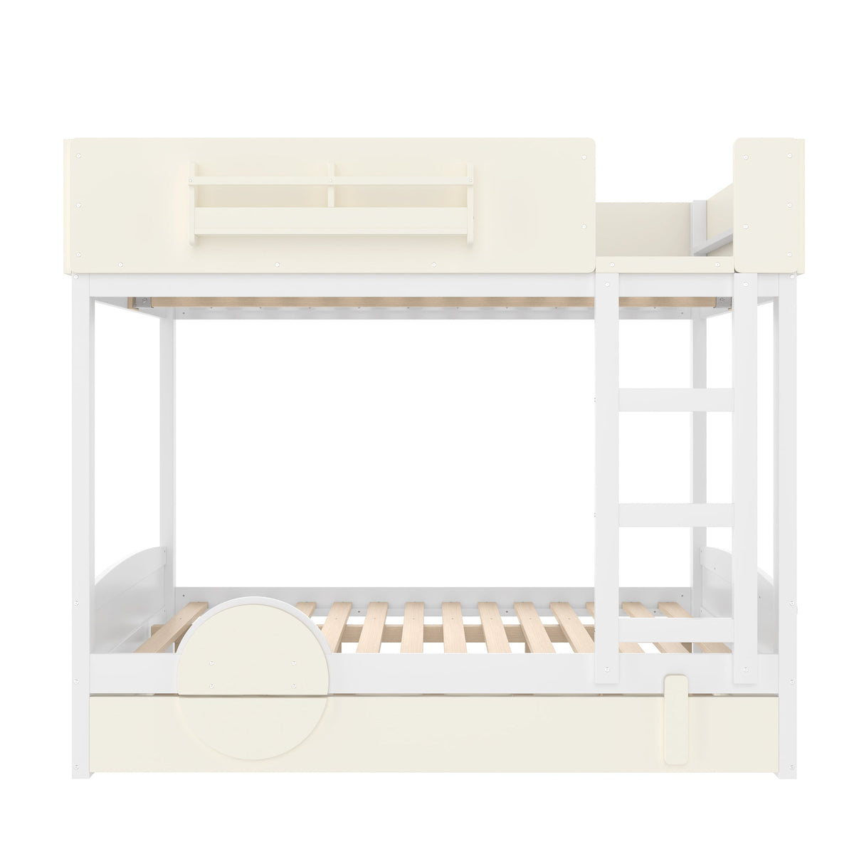 Full Bunk Bed with Trundle, Wood Bunk Bed Frame with Bookshelf