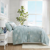 4 Piece Cotton Reversible Embroidered Quilt Set with Throw Pillow Aqua King/Cal King