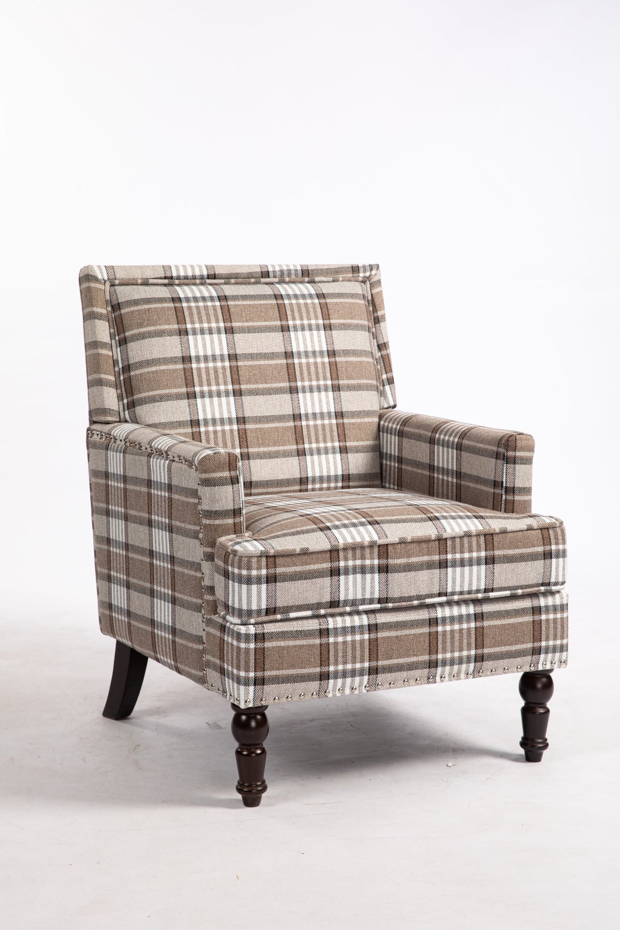 Upholstered Accent Chair with Brown Linen Fabric and Nailhead Trim