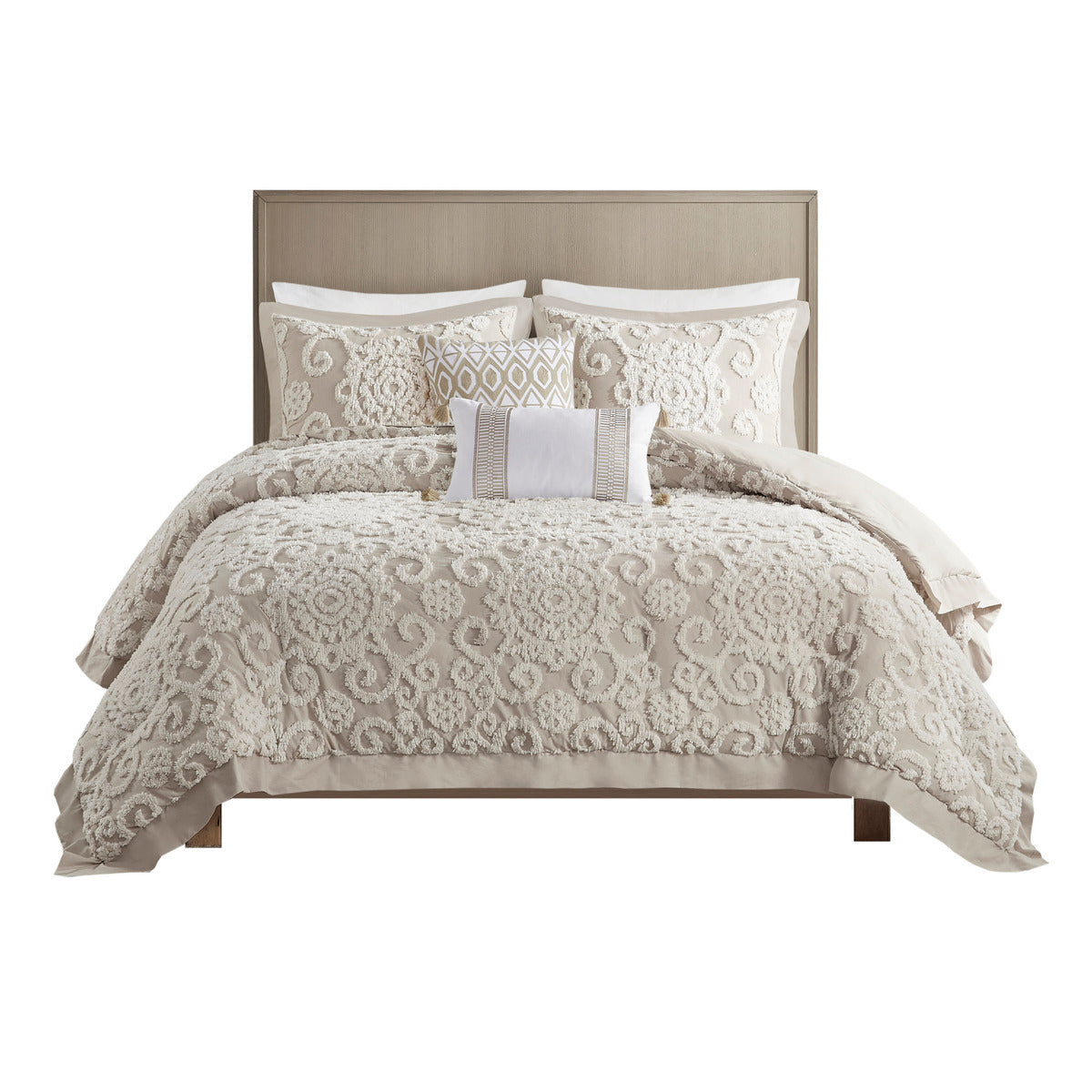 Taupe Cotton Comforter Mini Set with Tufted Chenille Embroidery - King