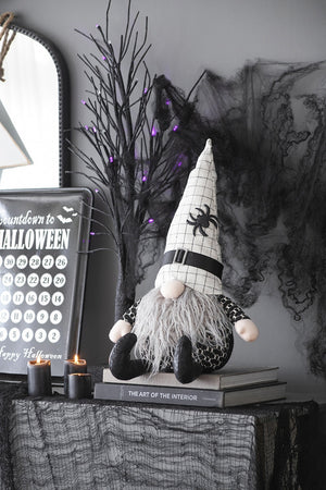 23.5" Halloween Gnome – Fabric Sitting Decor with White Hat & Spider Accent