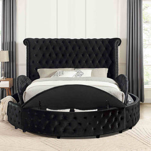 Glam Button Tufted Wingback Round Bed With Storage And USB Ports
