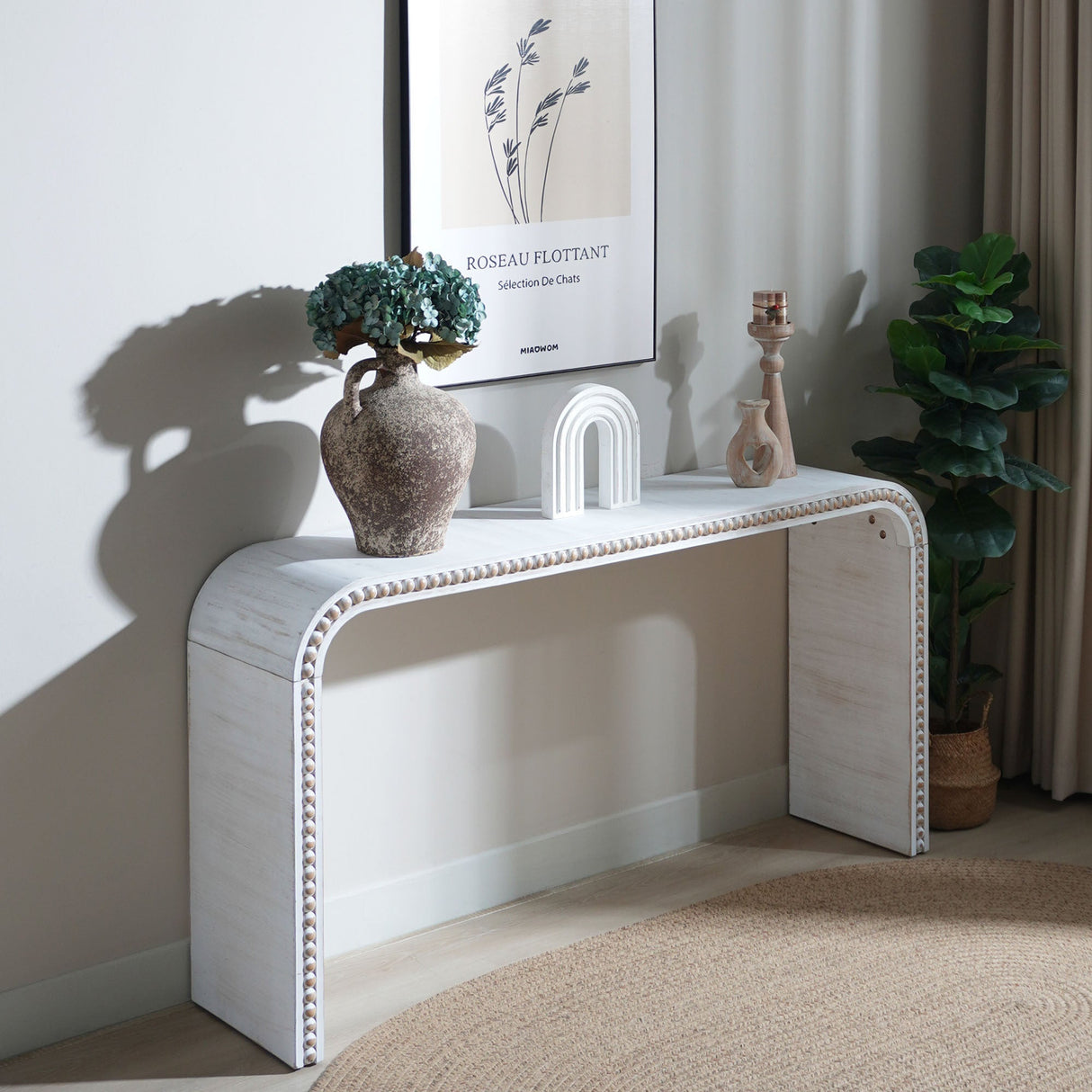 Washed white Console Table, 59in Entryway Table, Curved Waterfall-style Table,Console table with wood beads,Entrance Table for Entryway, Hallway, Living Room, Foyer, Corridor, Office