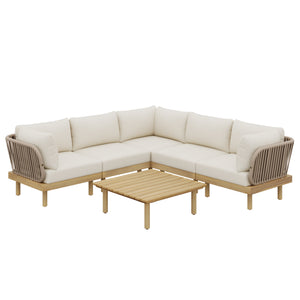 6-Piece Acacia Wood L-Shaped Modular Outdoor Sofa Set with Rope Back & Weather-Resistant Cushions