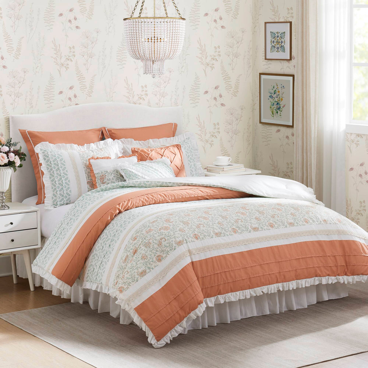 9 Piece Cotton Percale Comforter Set - Coral - King Size