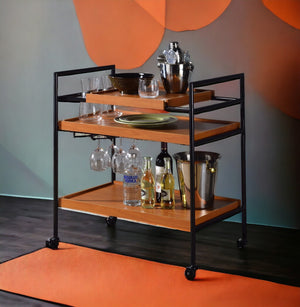 Honey Oak & Black Finish Bar Cart with Wooden Trays - Oaken