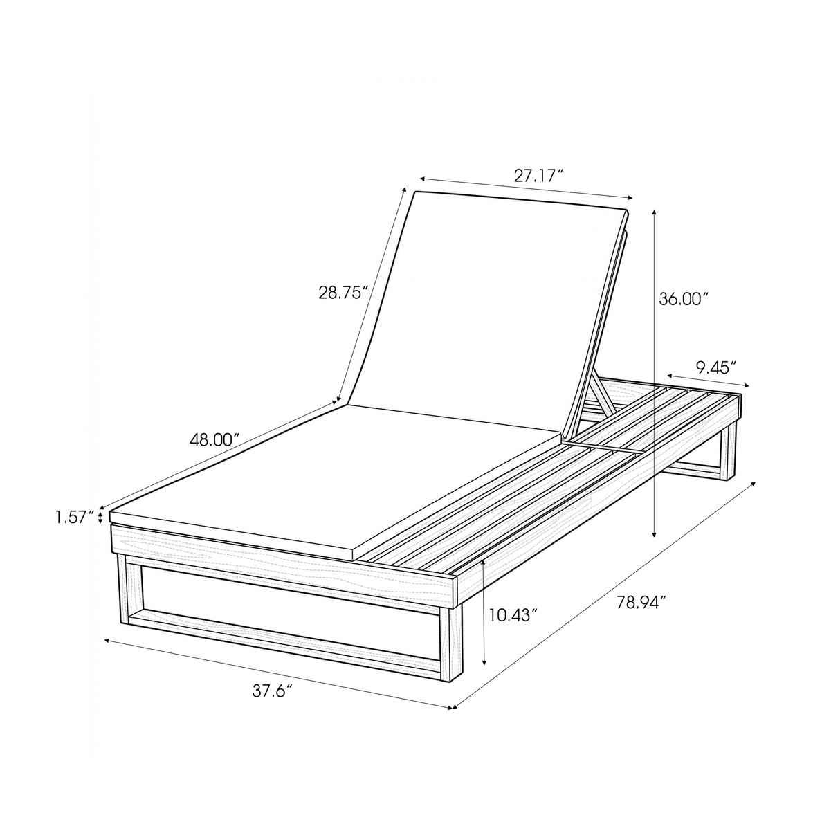 Black Acacia Wood Chaise Lounge with 1.57-Inch Cushions