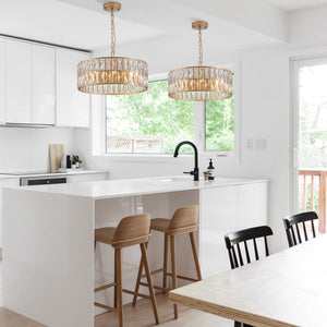 18' Golden Modern Crystal Drum Chandelier, 6-Light Pendant Lighting Fixture with Metal Frame