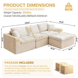 110' Cloud Sectional Couch for Living Room, Upholstered L-Shape Modular Sofa with Movable Ottoman, 3-Seater Deep-Seat Foam Couch, Comfortable Convertible Sectional for Home & Apartment