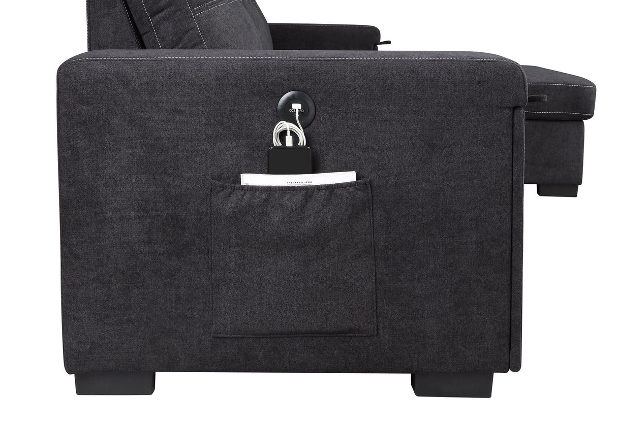 Toby - Woven Fabric Reversible Sleeper Sectional Sofa With Storage Chaise Cup Holder Charging Ports And Pockets