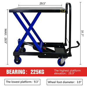 Hydraulic Lift Trolley, 500 Lbs Capacity, With 4 Wheels, For Material Handling And Transportation - Black / Blue