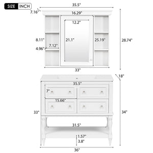 Bathroom Vanity with Medicine Cabinet, Storage Cabinet with 4 Drawers, Adjustable Shelf Mirror