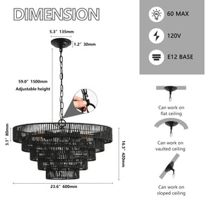 24' Rustic 5-Tier Black Hemp Rope Pendant Light Chandelier