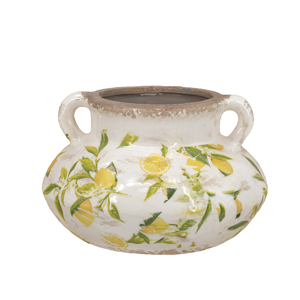 8.1x8.1x5.2" Wide Ceramic Planter with Yellow Lemon and Green Leaf Motif and Small Handles