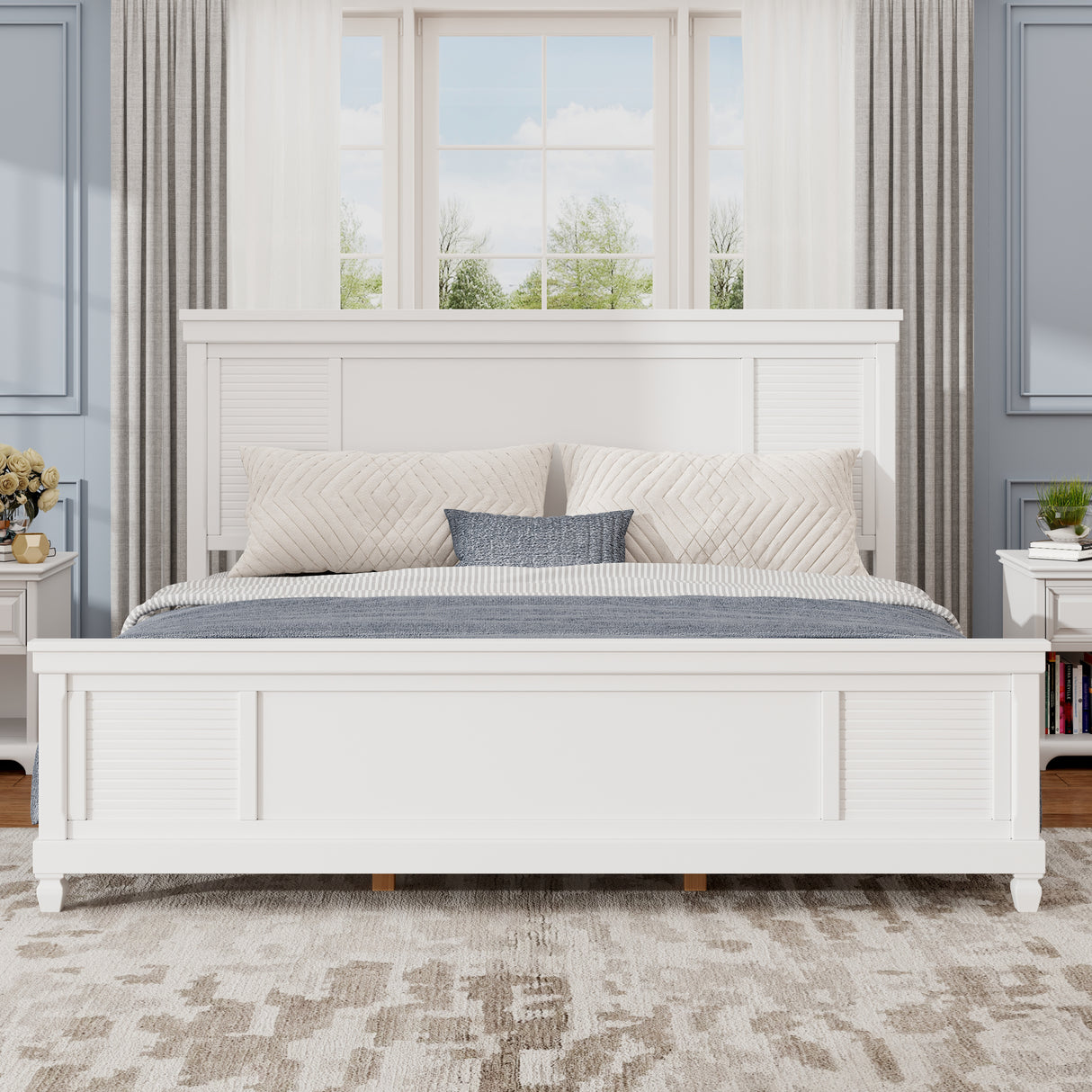 King Size White Solid Wood Bed Platform,Farmhouse Style