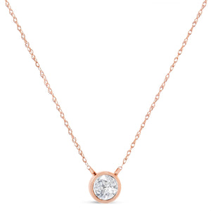 AGS Certified 10K Rose Gold 1/5 Cttw Bezel Set Round Diamond Solitaire 16-18" Adjustable Pendant Necklace (H-I Color, VS1-VS2 Clarity)