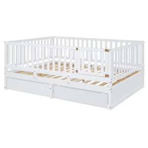 Daybed With Fence Guardrails And 2 Drawers, Split Into Independent Floor Bed & Daybed