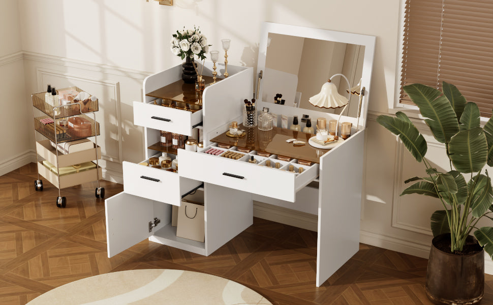 3-in-1 Vanity Desk with Flip Top Mirror, Glass Top Compact Makeup Vanity & Hidden Storage
