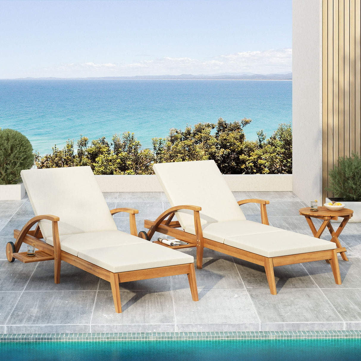 Versatile Chaise Lounge With Wheels Acacia Wood Recliner For Patio - Cream