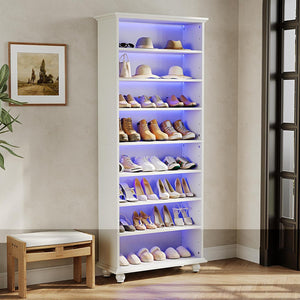 8 Tier Led Illuminated Shoe Cabinet With Adjustable Shelves, Storage Rack For 26 Pairs - White