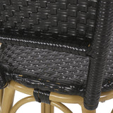 29.5" outdoor pe rattan and aluminum french barstools, set of 2, black and bamboo finish