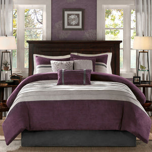 7 PC Pieced Faux Suede Comforter Set Purple Queen