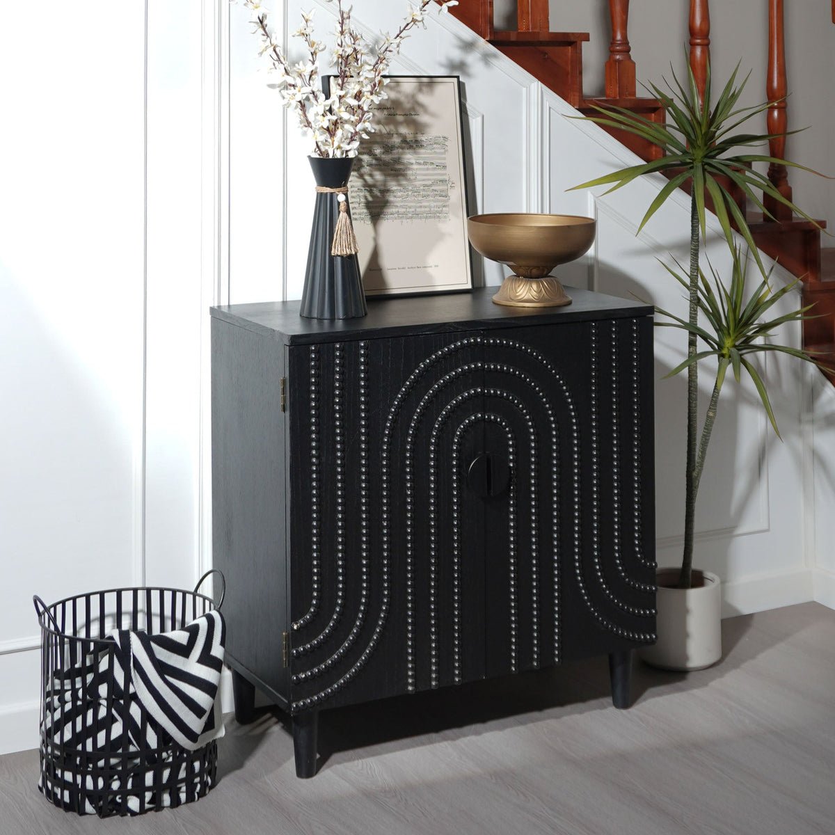 Modern Black Wood Storage Cabinet with Decorative Door, 30in Accent Sideboard for Living Room, Bedroom, or Entryway