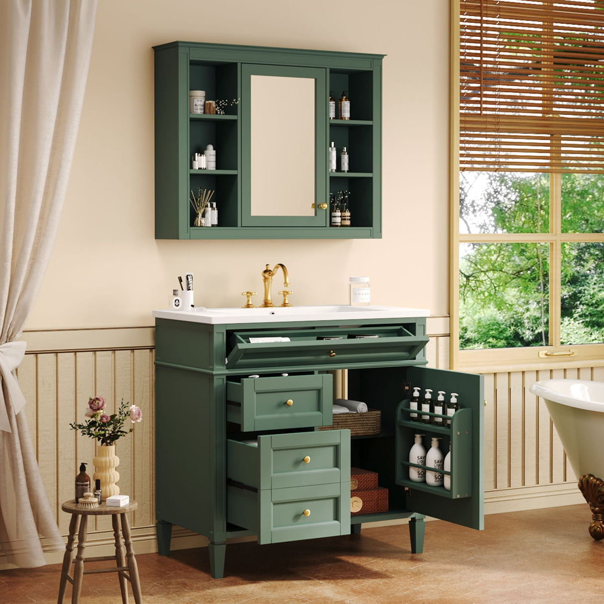 Bathroom Vanity with Mirror Cabinet, Single Sink with 2 Soft Closing Doors and 4 Drawers