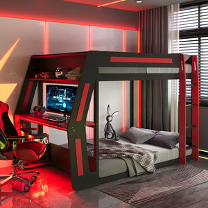 Full-Size Gaming Bunk Bed with Side-Mounted Oversized RGB Desk