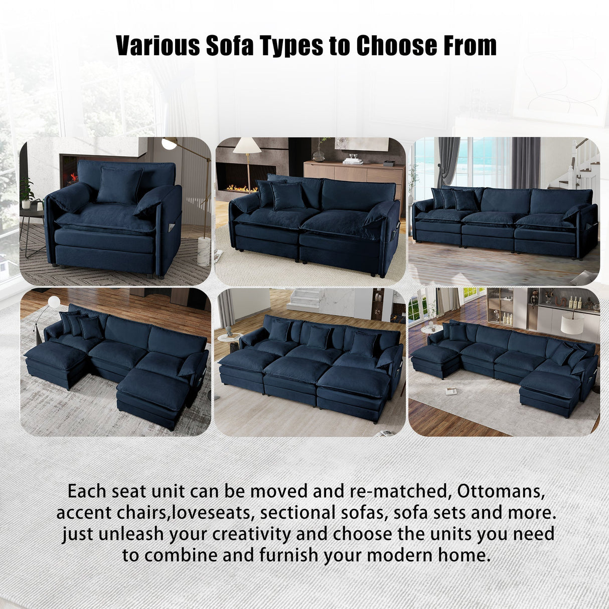 Modular Sectional SofaOversized Deep Seat L Shaped Couch Set for Living Room3-Seater Comfy Cloud Couches Chenille,Blue