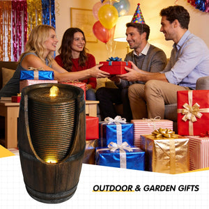 Outdoor Barrel Water Fountain with Lights Rustic Wood Look Resin Handmade Waterfall Garden Decor for Patio Yard Porch