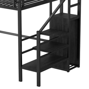 Twin Size Loft Bed with Stairs, Metal Full Loft Bed with Storage Shelves