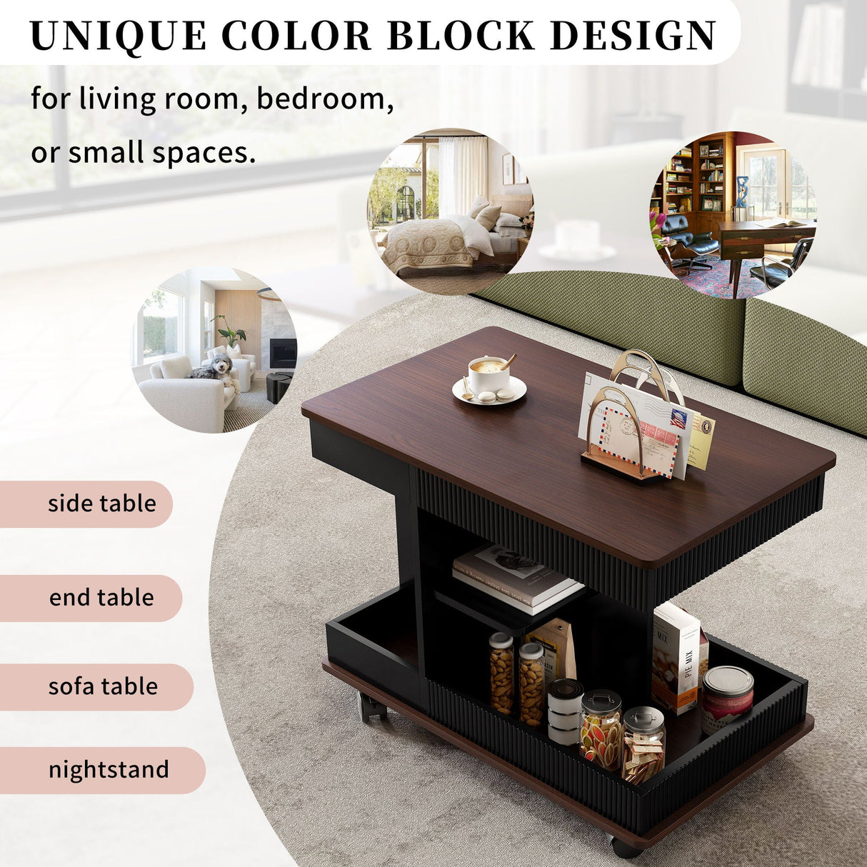 Adjustable End Table With Wheels, 360°Rotating Top And Storage Space