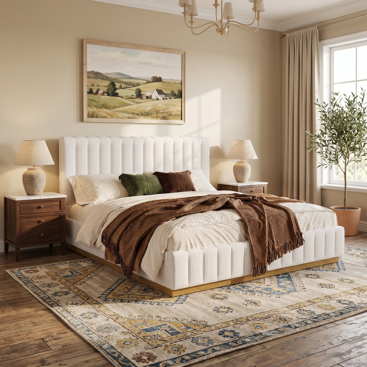 King Size Bed Frame With Linen Upholstery and Solid Wood Base