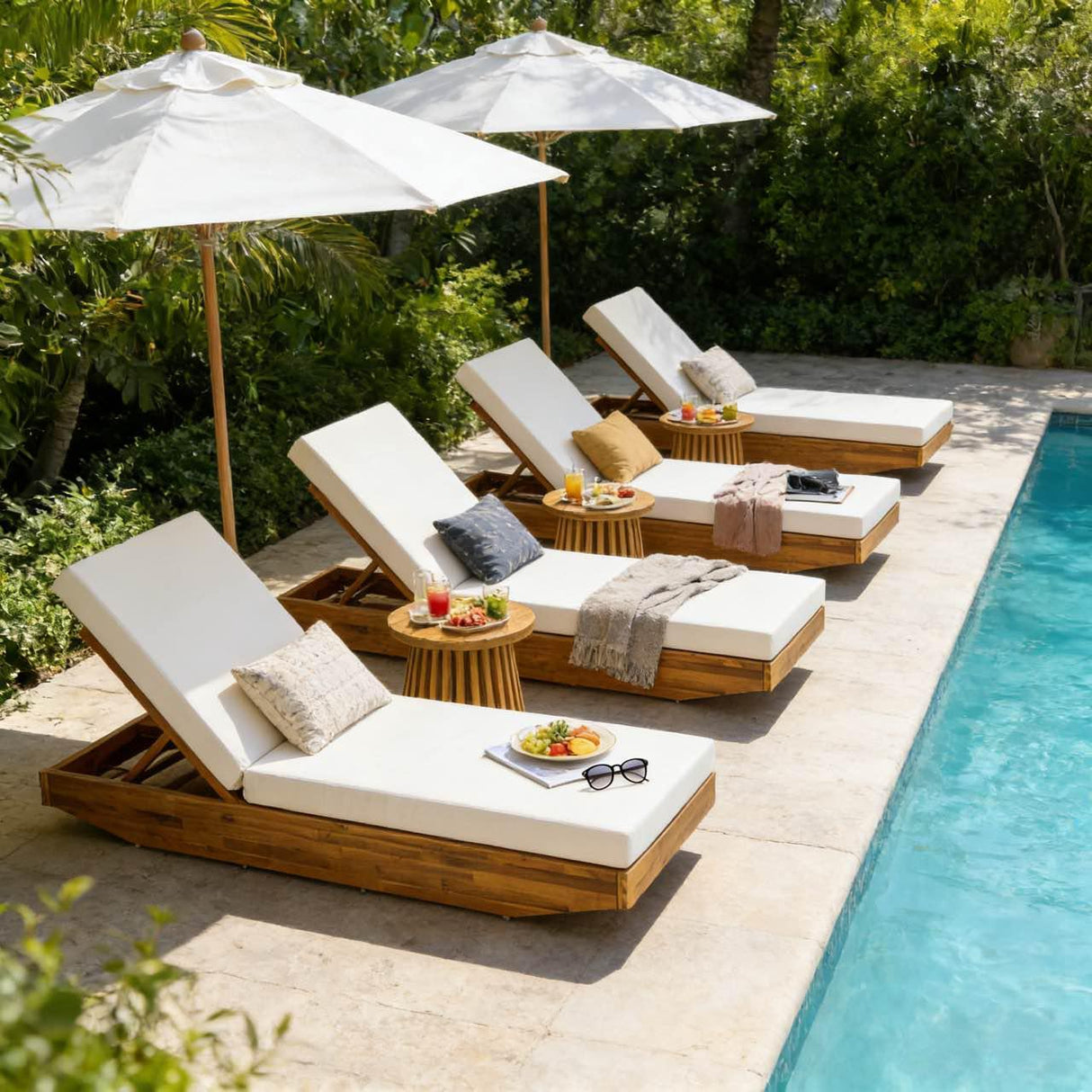 Acacia Wood Chaise Lounge with Cushion - Teak Finish